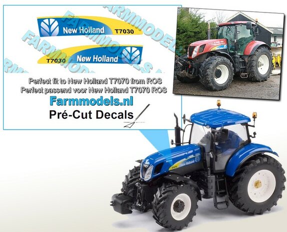 New Holland T7030 type stickers voor de motorkap van NH T7070 van ROS  Pr&eacute;-Cut Decals 1:32 Farmmodels.nl 