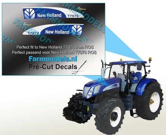 New Holland T7070 + Bleu Power Logo type stickers voor de motorkap en cabinerand van NH T7070 van ROS  Pr&eacute;-Cut Decals 1:32 Farmmodels.nl 