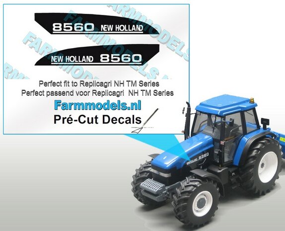 New Holland 8560 type stickers voor o.a. NH 8360 Replicagri motorkap Pr&eacute;-Cut Decals 1:32 Farmmodels.nl 