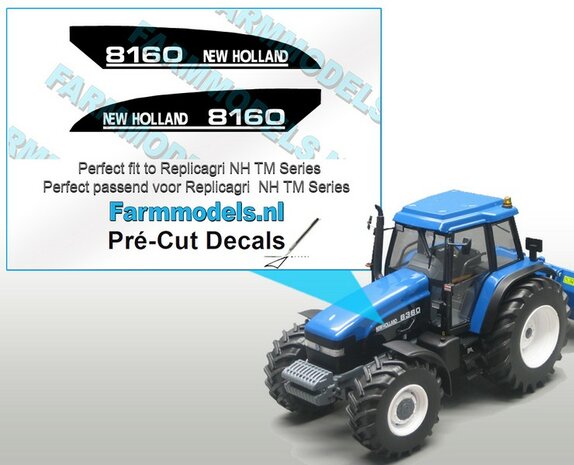 New Holland 8160 type stickers voor o.a. NH 8360 Replicagri motorkap Pr&eacute;-Cut Decals 1:32 Farmmodels.nl 