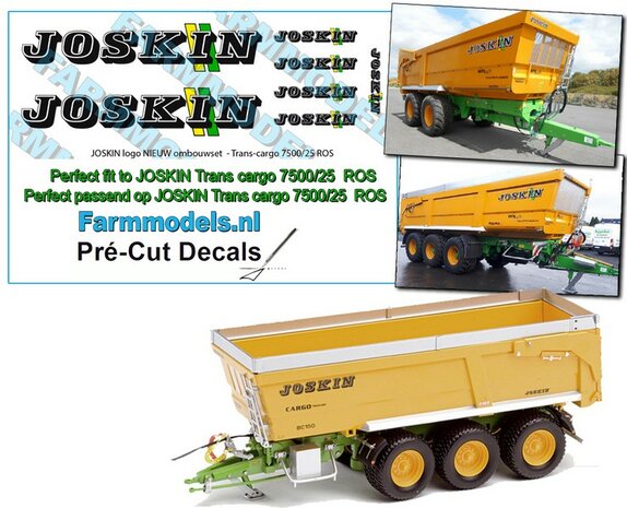 7x JOSKIN LOGO nieuw met GROEN/ GELE STREPEN voor Joskin Trans cargo 7500/25, perfect passend over het bestaande JOSKIN logo&#039;s Pr&eacute;-Cut Decals 1:32 Farmmodels.nl