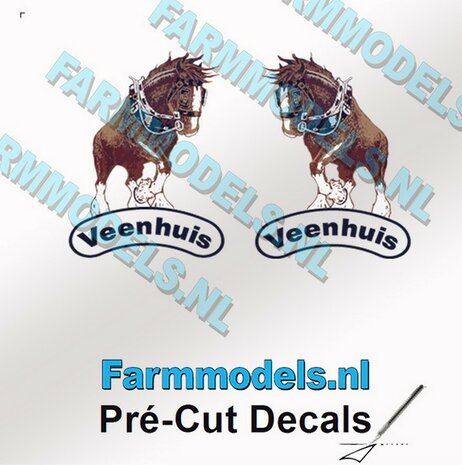 2x (Jan) Veenhuis Paardje (OUD) met &quot;Veenhuis&quot; Tekst eronder 15.5 mm hoog 1x Linkse en 1x Rechtse op transparante folie Pr&eacute;-Cut Decals 1:32 Farmmodels.nl