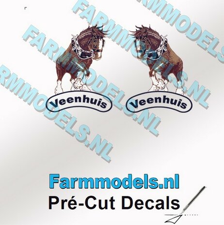 2x (Jan) Veenhuis Paardje (OUD) met &quot;Veenhuis&quot; Tekst eronder 12 mm hoog 1x Linkse en 1x Rechtse op transparante folie Pr&eacute;-Cut Decals 1:32 Farmmodels.nl