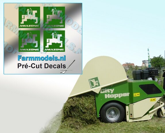 4x LOGO AMAZONE alleen GROEN op Transparant 14 mm hoog Pr&eacute;-Cut Decals 1:32 Farmmodels.nl 