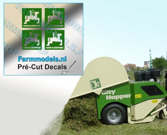 4x LOGO AMAZONE alleen GROEN op Transparant 12 mm hoog Pr&eacute;-Cut Decals 1:32 Farmmodels.nl 