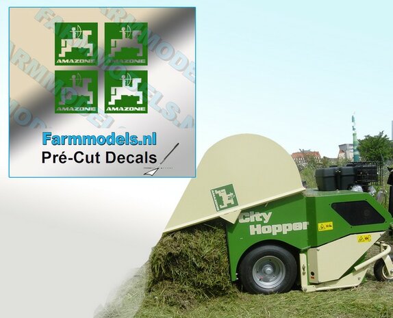 4x LOGO AMAZONE alleen GROEN op Transparant 10 mm hoog Pr&eacute;-Cut Decals 1:32 Farmmodels.nl 