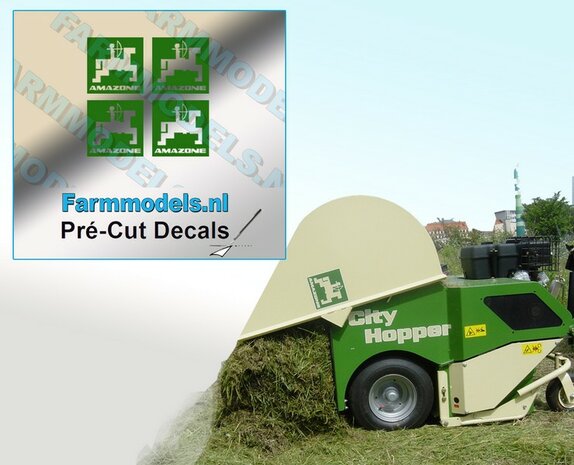 4x LOGO AMAZONE alleen GROEN op Transparant 7 mm hoog Pr&eacute;-Cut Decals 1:32 Farmmodels.nl 