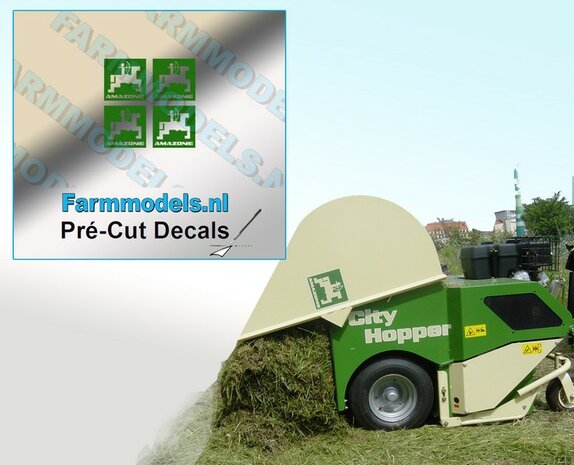 4x LOGO AMAZONE alleen GROEN op Transparant 3 mm hoog Pr&eacute;-Cut Decals 1:32 Farmmodels.nl 