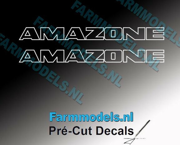 2x AMAZONE alleen WIT CONTOUR op Transparant 8 mm hoog Pr&eacute;-Cut Decals 1:32 Farmmodels.nl 