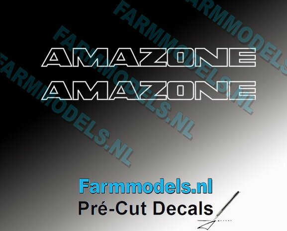 2x AMAZONE alleen WIT CONTOUR op Transparant 6 mm hoog Pr&eacute;-Cut Decals 1:32 Farmmodels.nl 