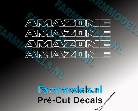4x AMAZONE alleen WIT CONTOUR op Transparant 4 mm hoog Pr&eacute;-Cut Decals 1:32 Farmmodels.nl 