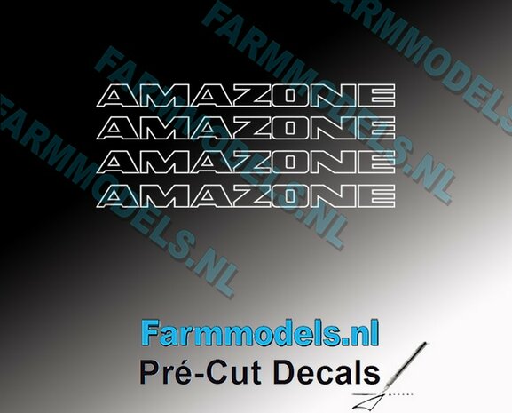 4x AMAZONE alleen WIT CONTOUR op Transparant 3 mm hoog Pr&eacute;-Cut Decals 1:32 Farmmodels.nl 