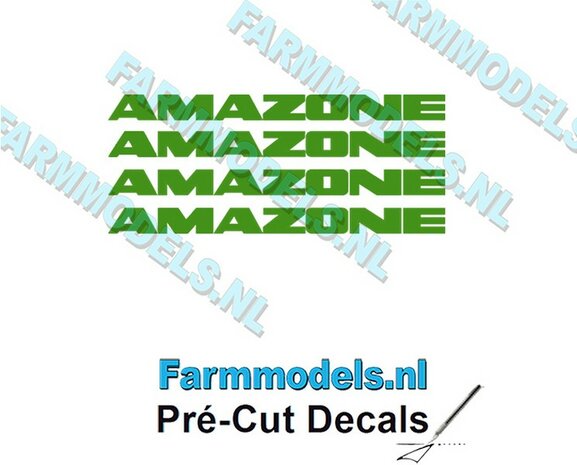 4x AMAZONE alleen GROEN op Transparant 3 mm hoog Pr&eacute;-Cut Decals 1:32 Farmmodels.nl 