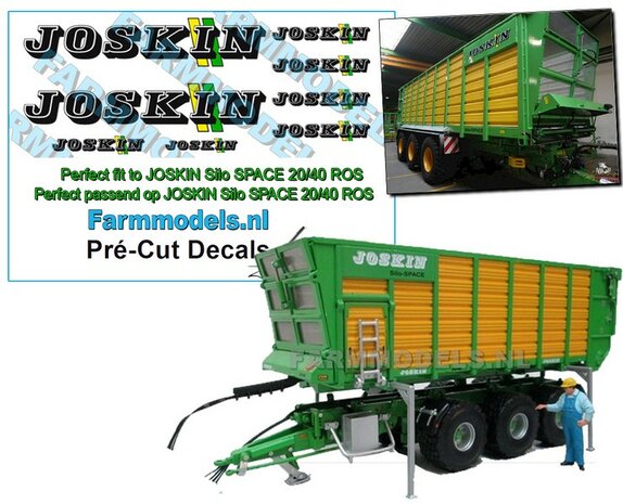 8x JOSKIN LOGO nieuw met GROEN/ GELE STREPEN voor Joskin Silo SPACE 20/40 van ROS, perfect passend over het bestaande JOSKIN logo&#039;s Pr&eacute;-Cut Decals 1:32 Farmmodels.nl