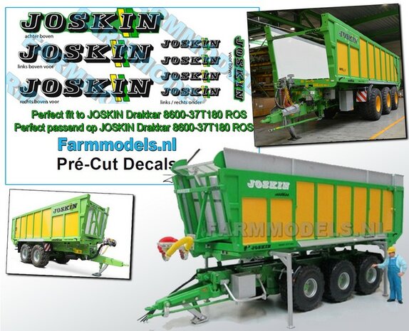 8x JOSKIN LOGO nieuw met GROEN/ GELE STREPEN voor Joskin Drakkar 8600-37T180 van ROS, perfect passend over het bestaande JOSKIN logo&#039;s Pr&eacute;-Cut Decals 1:32 Farmmodels.nl