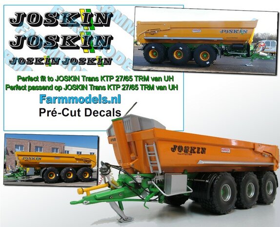 4x JOSKIN LOGO nieuw met GROEN/ GELE STREPEN voor Joskin Trans KTP 27/65 TRM van UH, perfect passend over het bestaande JOSKIN logo Pr&eacute;-Cut Decals 1:32 Farmmodels.nl