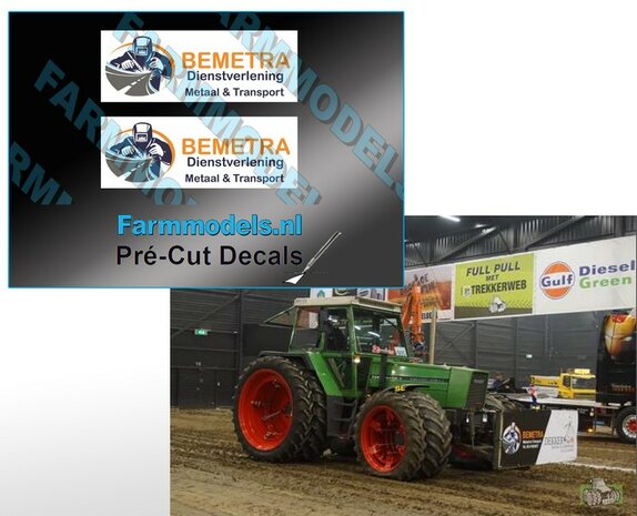2x BEMETRA logo, afm. 79.25 x 30.2 mm stickerset op witte sticker folie Pr&eacute;-Cut Decals 1:32 Farmmodels.nl