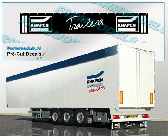 KNAPEN Spatlapsticker 2x logo, tekst &quot;Trailers&quot; en witte strepen op ZWART MATT folie 78.5 x 14.5 mm Pr&eacute;-Cut Decals 1:32 Farmmodels.nl 