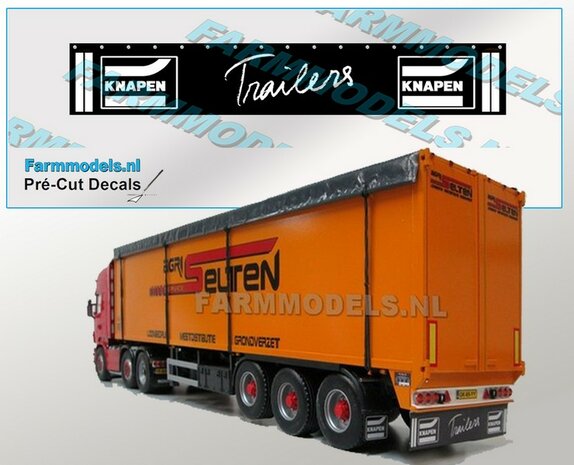 KNAPEN Spatlapsticker 2x logo, tekst &quot;Trailers&quot; en witte strepen op ZWART MATT folie 78.5 x 14.5 mm Pr&eacute;-Cut Decals 1:32 Farmmodels.nl 