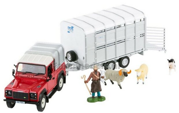 ROOD Landrover  met Trailer, boer, schapen en een hond 1:32 Britains BR43138 LAST/ONES