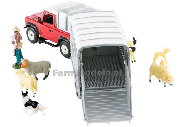 ROOD Landrover  met Trailer, boer, schapen en een hond 1:32 Britains BR43138 LAST/ONES