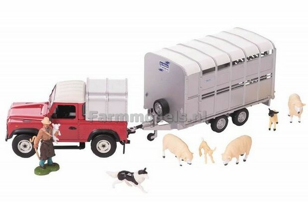 ROOD Landrover  met Trailer, boer, schapen en een hond 1:32 Britains BR43138 LAST/ONES