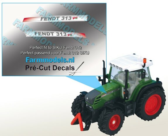 FENDT 313 Vario TMS type stickers voor SIKU Fendt 312 model Pr&eacute;-Cut Decals gemaakt op zilverfolie stickers!! 1:32 Farmmodels.nl 