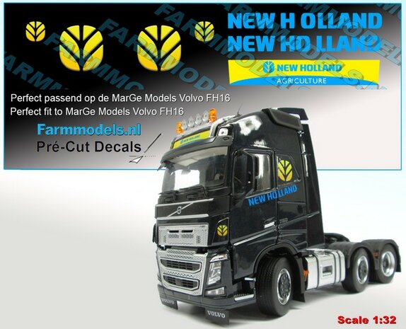 NEW HOLLAND EDITION stickers, t.b.v. cabine zijkanten en dakrand Volvo FH16, gemaakt op Transparante folie, perfect voor o.a. MarGe Models Volvo FH16 serie modellen Pr&eacute;-Cut Decals 1:32 Farmmodels.nl 