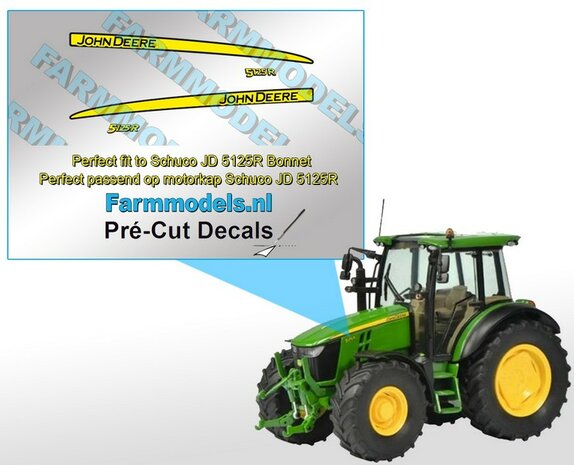 John Deere 5125R type stickers/ Pr&eacute;-Cut Decals voor Schuco JD 5125R motorkap 1:32 Farmmodels.nl 