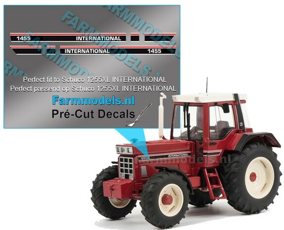 1455 INTERNATIONAL (ZONDER XL) stickerset voor Schuco IH 1255XL/ 1455XL Pr&eacute;-Cut Decals 1:32 Farmmodels.nl