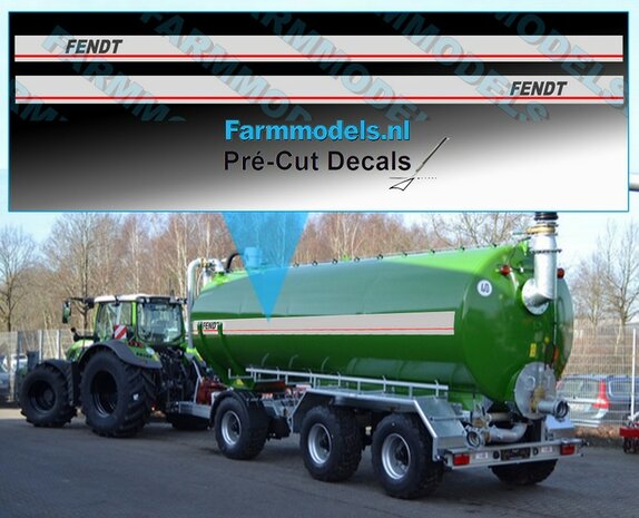 2x FENDT logo op licht grijze folie met rode streep, 10mm x 270mm stickers Pr&eacute;-Cut Decals 1:32 Farmmodels.nl 