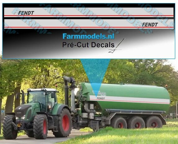 2x FENDT logo op licht grijze folie met rode streep, 16mm x 270mm stickers Pr&eacute;-Cut Decals 1:32 Farmmodels.nl 