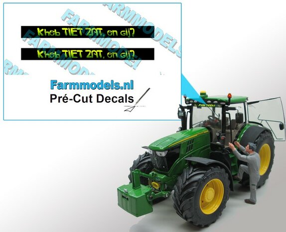 2x &quot;Kheb TIET ZAT, en gij?&quot; voorruit sticker GEEL/ GROEN op ZWARTE achtergrond 40 mm breed Pr&eacute;-Cut Decals 1:32 Farmmodels.nl 