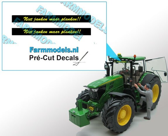 2x &quot;Niet janken maar planken!!&quot; voorruit sticker GEEL verloop op ZWARTE achtergrond 40 mm breed Pr&eacute;-Cut Decals 1:32 Farmmodels.nl 