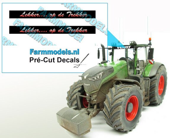 2x &quot;Lekker,... op de Trekker&quot; voorruit sticker Grijs/ROOD op ZWARTE achtergrond 40 mm breed Pr&eacute;-Cut Decals 1:32 Farmmodels.nl 