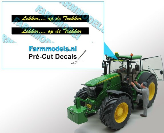 2x &quot;Lekker,... op de Trekker&quot; voorruit sticker GEEL verloop op ZWARTE achtergrond 40 mm breed Pr&eacute;-Cut Decals 1:32 Farmmodels.nl 