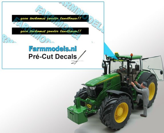 2x &quot;geen toekomst zonder landbouw&quot; voorruit sticker GEEL verloop op ZWARTE achtergrond 40 mm breed Pr&eacute;-Cut Decals 1:32 Farmmodels.nl 