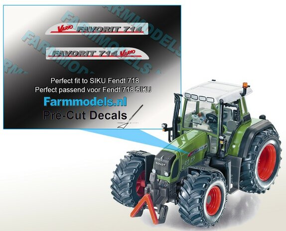 FAVORIT 714 Vario type + Vario logo stickers voor SIKU Fendt 718 model Pr&eacute;-Cut Decals 1:32 Farmmodels.nl 