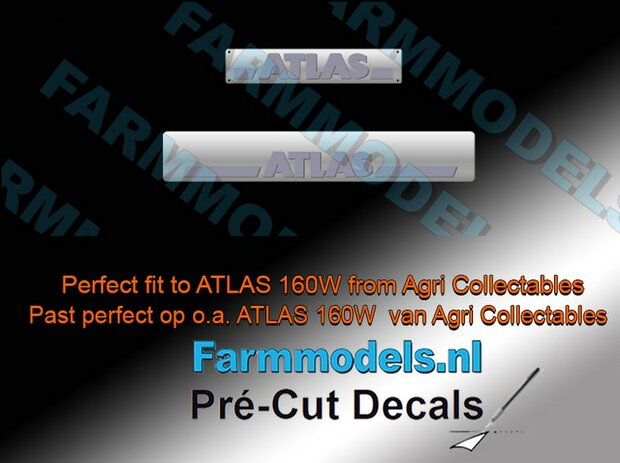 ATLAS &quot;RVS&quot; beschermplaat en &quot;RVS&quot; kentekenplaat met ATLAS logo Pr&eacute;-Cut Decals gemaakt op zilverfolie stickers!! 1:32 Farmmodels.nl 