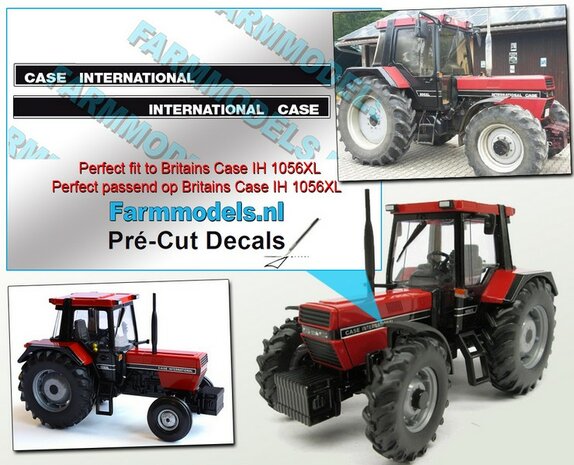 CASE INTERNATIONAL (even groot gedrukt, CASE vooraan neus) stickerset 2x WIT op zwarte folie stickers (passend op o.a. 1056XL Britains motorkap) Pr&eacute;-Cut Decals 1:32 Farmmodels.nl 