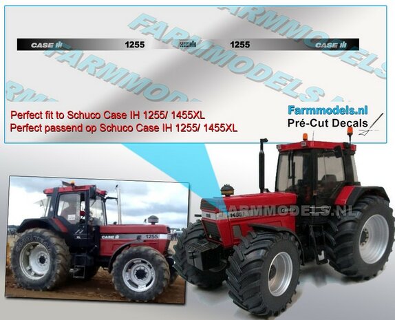 CASE IH 1255 ZILVER type stickers (passend op de 1455XL Schuco motorkap) Pr&eacute;-Cut Decals 1:32 Farmmodels.nl 