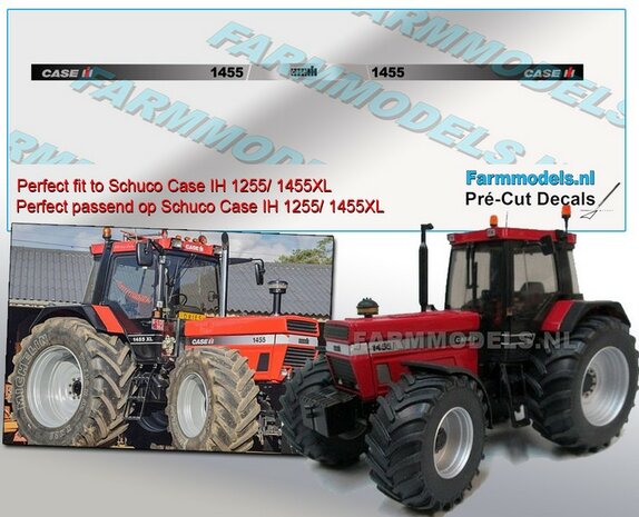 CASE IH 1455 ZILVER type stickers nu met RODE letter I van IH (passend op de 1455XL Schuco motorkap) Pr&eacute;-Cut Decals 1:32 Farmmodels.nl 