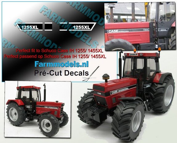 1255XL stickerset WIT op ZWART met BOVEN-ACHTER-ONDER een WITTE streep stickers (passend op o.a. de 1455XL Schuco cabine) Pr&eacute;-Cut Decals 1:32 Farmmodels.nl 