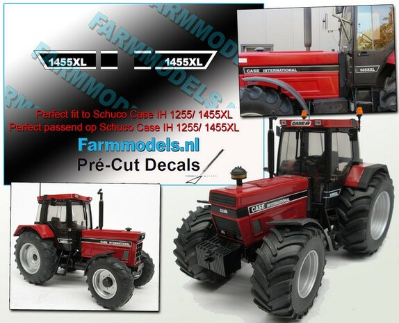 1455XL stickerset WIT op ZWART met BOVEN-ACHTER-ONDER een WITTE streep stickers (passend op o.a. de 1455XL Schuco cabine) Pr&eacute;-Cut Decals 1:32 Farmmodels.nl 