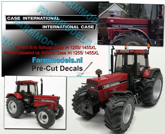 CASE INTERNATIONAL (even groot gedrukt middenin sticker, CASE vooraan neus) stickerset 2x WIT op zwarte stickerfolie (passend op o.a. 1255/ 1455XL Schuco motorkap) Pr&eacute;-Cut Decals 1:32 Farmmodels.nl