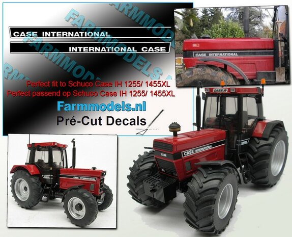 CASE INTERNATIONAL (even groot gedrukt onderop sticker, CASE vooraan neus) stickerset 2x WIT op zwarte stickerfolie (passend op o.a. 1255/ 1455XL Schuco motorkap) Pr&eacute;-Cut Decals 1:32 Farmmodels.nl