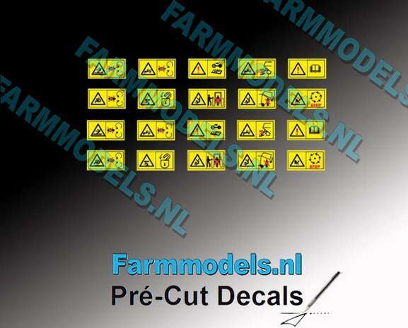 20x Gevaren-&amp; waarschuwingstickers LIGGENDE afbeelding naast elkaar 1-tjes 2.5 mm hoog x 5 mm breed Pr&eacute;-Cut Decals 1:32 Farmmodels.nl