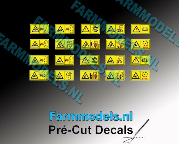 20x Gevaren-&amp; waarschuwingstickers LIGGENDE afbeelding naast elkaar 1-tjes 3.2 mm hoog x 6 mm breed Pr&eacute;-Cut Decals 1:32 Farmmodels.nl