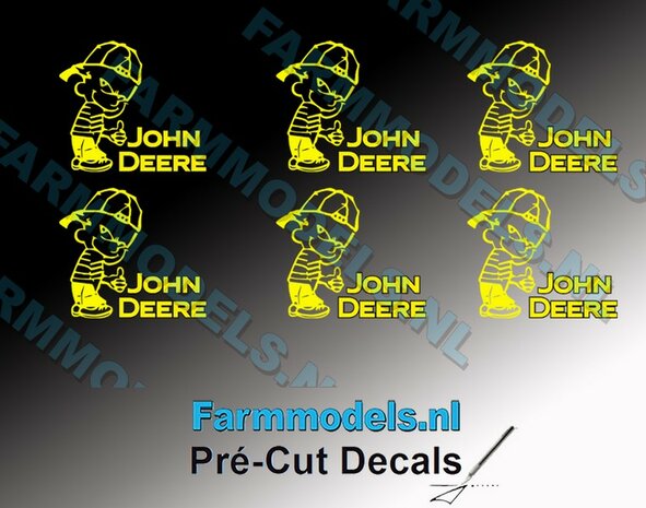 6x Ok&eacute; Calvin 10mm hoog V1 GEEL + tekst JOHN DEERE GEEL/ ZWART stickers op Transparant Pr&eacute;-Cut Decals 1:32 Farmmodels.nl 