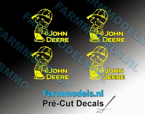 4x Ok&eacute; Calvin 15mm hoog V1 GEEL + tekst JOHN DEERE GEEL/ ZWART stickers op Transparant Pr&eacute;-Cut Decals 1:32 Farmmodels.nl 